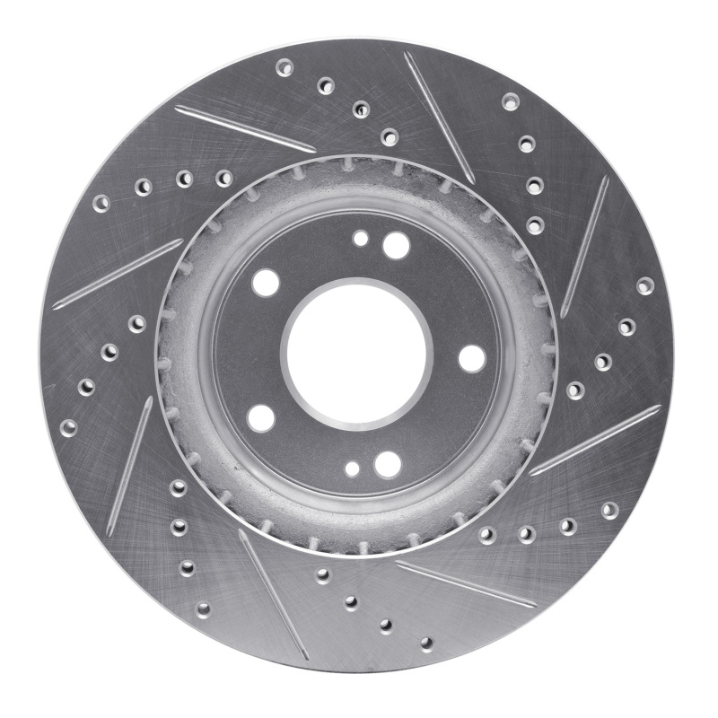 Hyundai Kona EV Brake Rotor (1) - Front Left - R1 Concepts - Drilled & Slotted - Silver - `15-`25